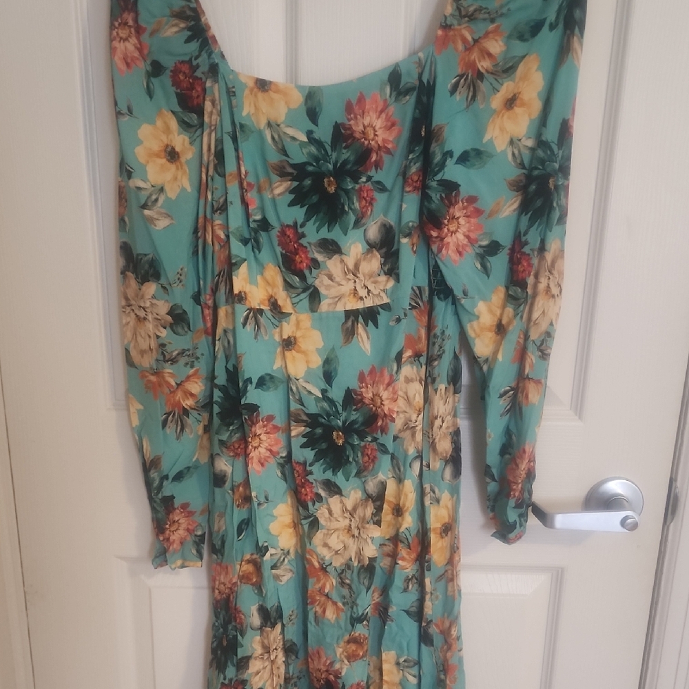 Johnny Was Teal Floral Long Sleeve Dress